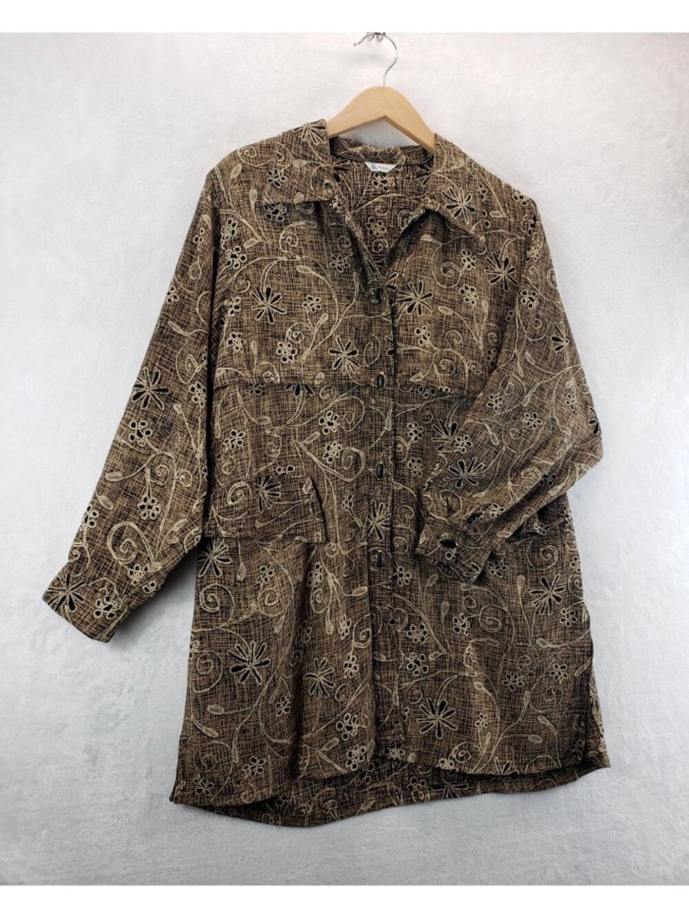 Womens Long Tunic Top 2X Button Front Long Sleeve Brown Floral Faux Storm Cape